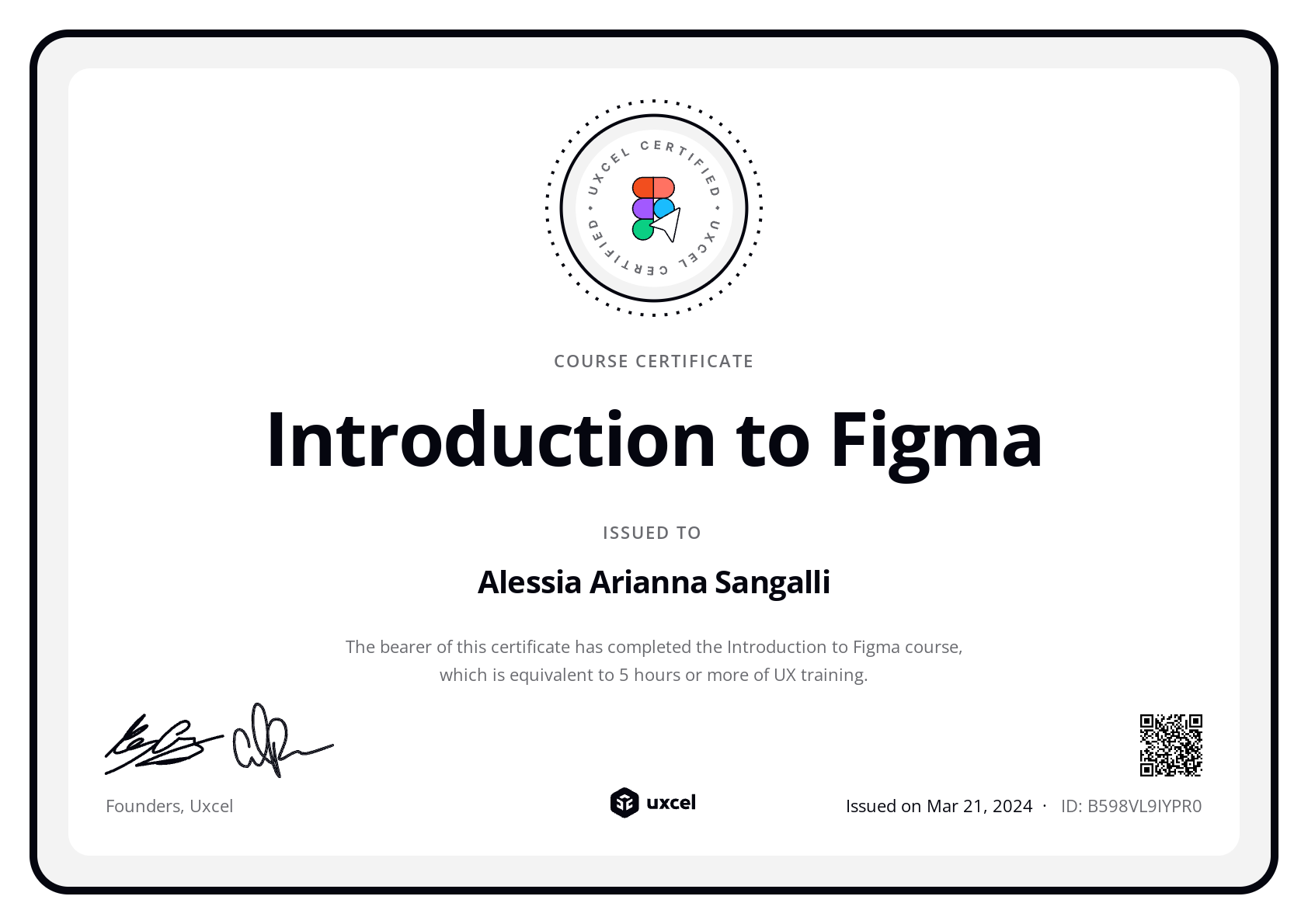 Alessia Arianna Sangalli's certificate